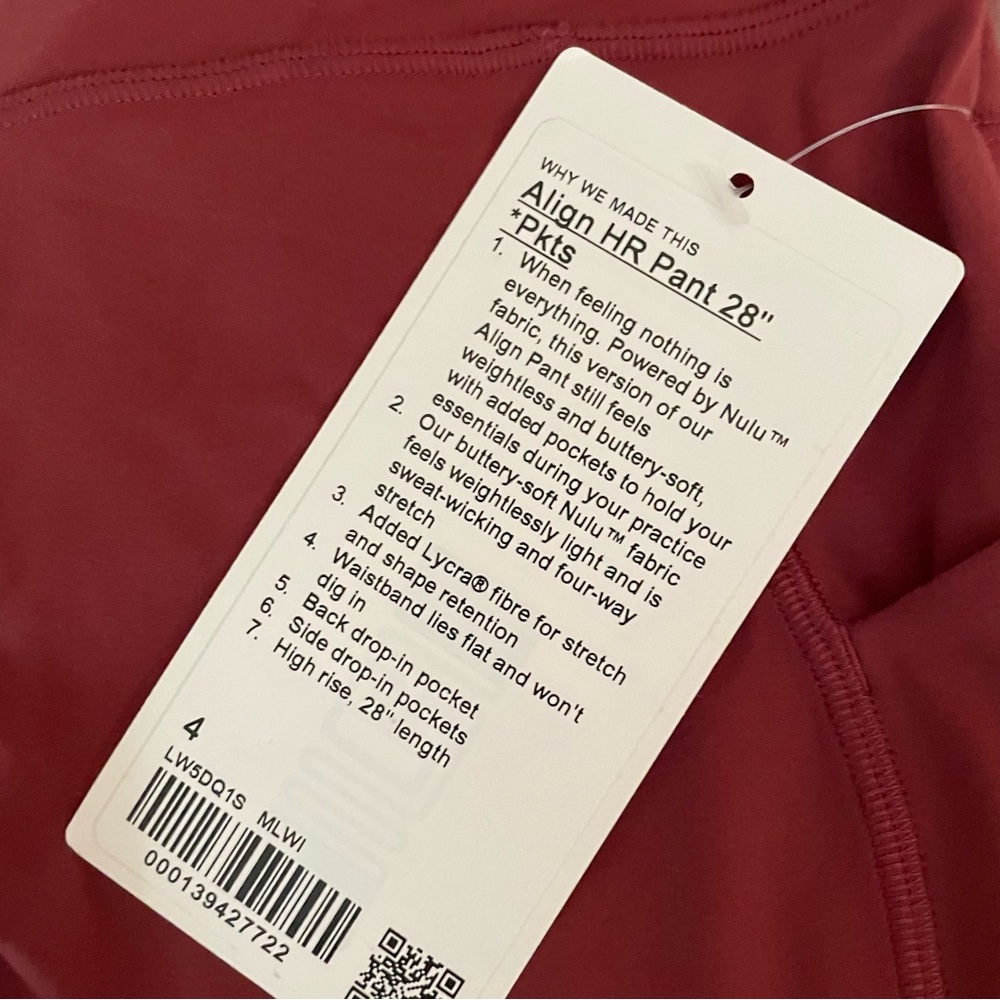 ✴️ NWT LULULEMON ALIGN PANT SIZE 4 MULLED WINE 28” FULL LENGTH WITH POCKETS - Picture 6 of 6
